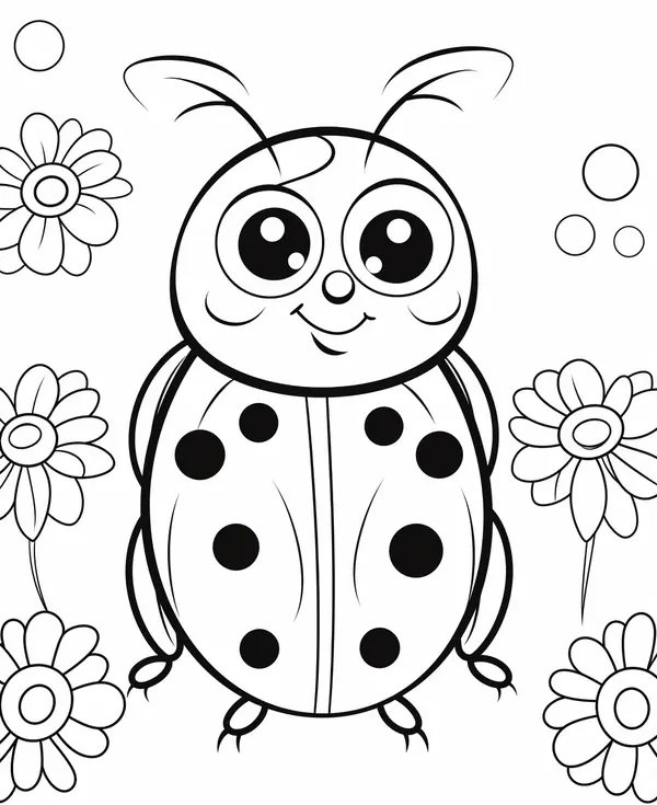 Ladybug Coloring Page Surrounded by Flowers