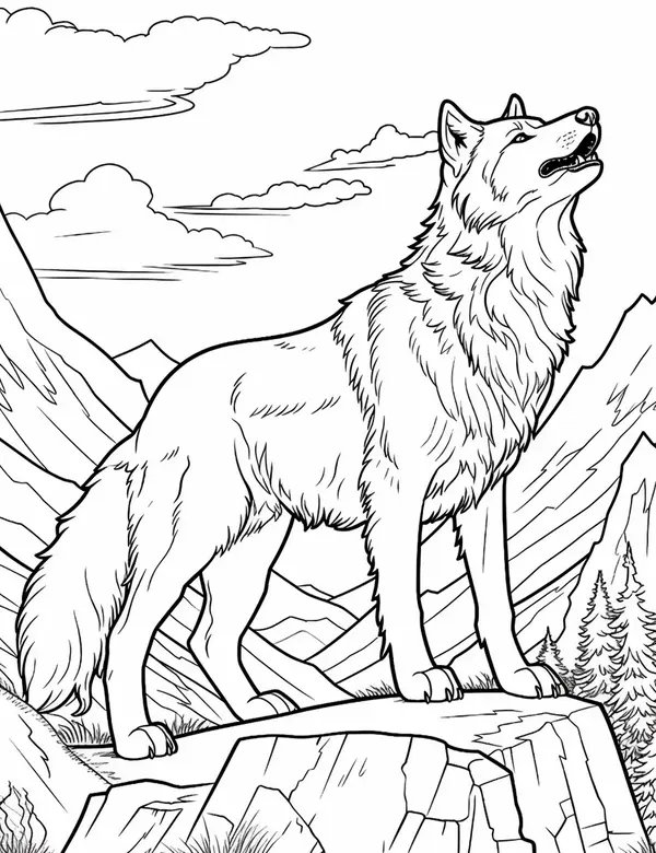 Coloring page Schöner heulender Wolf in den Bergen