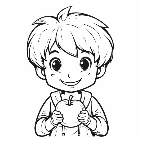 Coloring page Junge holds an apple