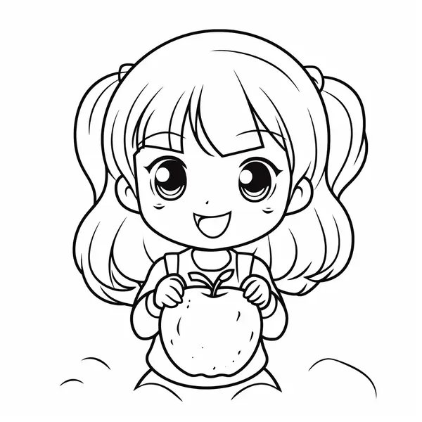 Coloring Page: Happy Girl Holding an Apple