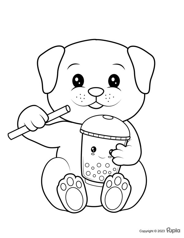 Coloring page of a Sweet Dog holding Bubble Tea