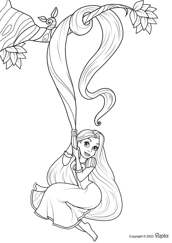 Coloring page Rapunzel hanging from a branch