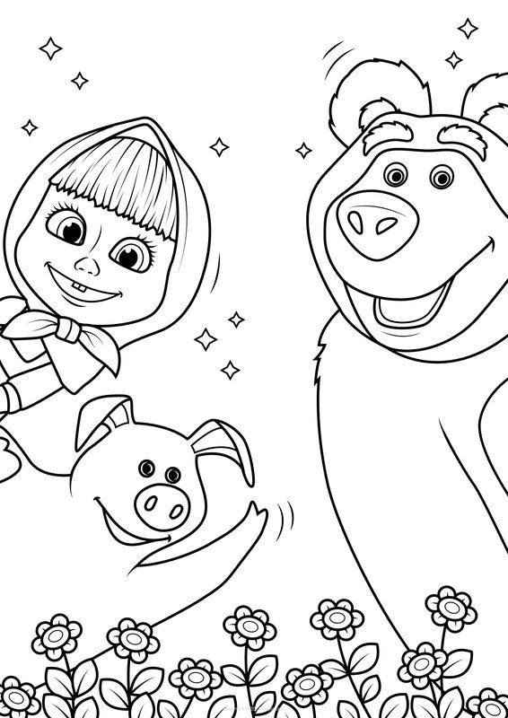 Coloring Page Masha, Bear and Rosie