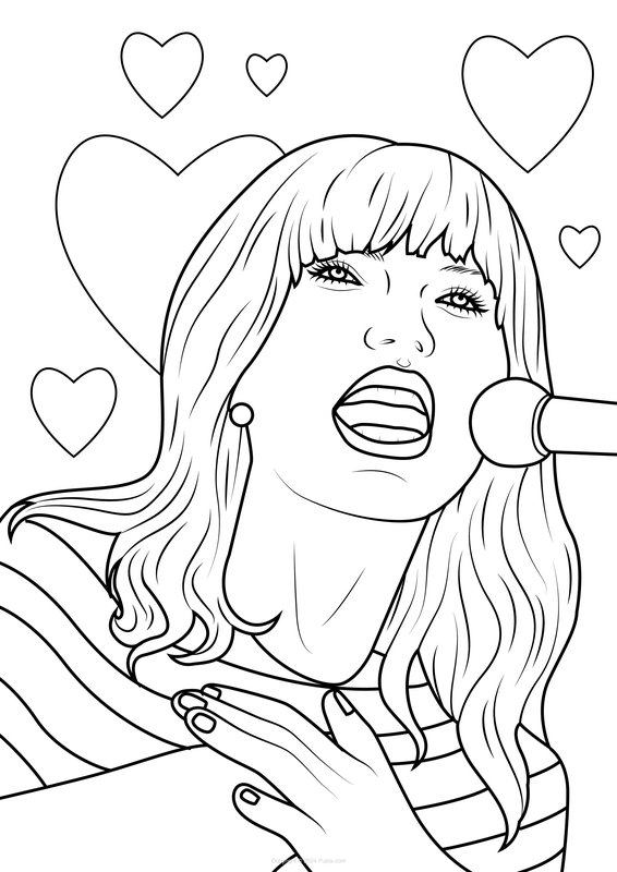 Coloring page Taylor Swift sings into microphone