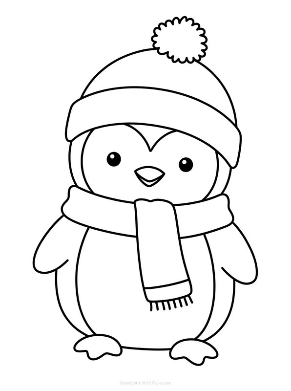 Penguin Coloring Page with Hat and Scarf