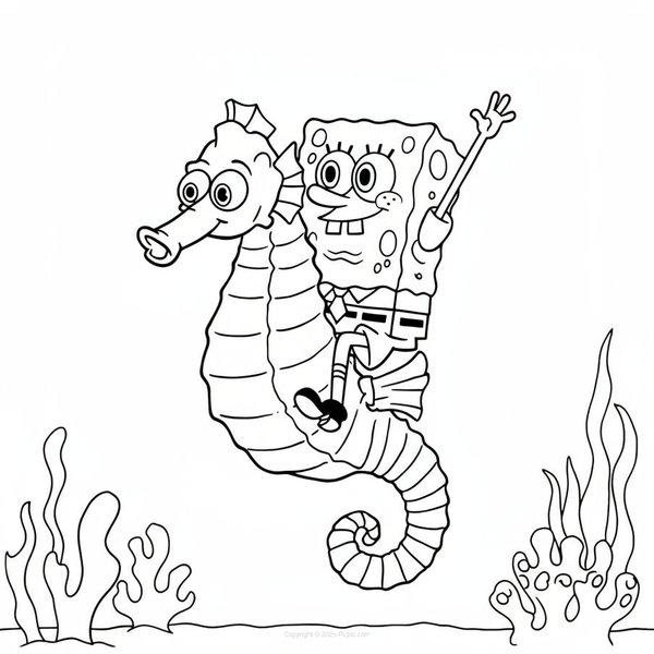 SpongeBob coloring page featuring a seahorse.