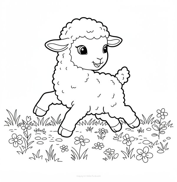 Coloring page of a cute little lamb jumping around