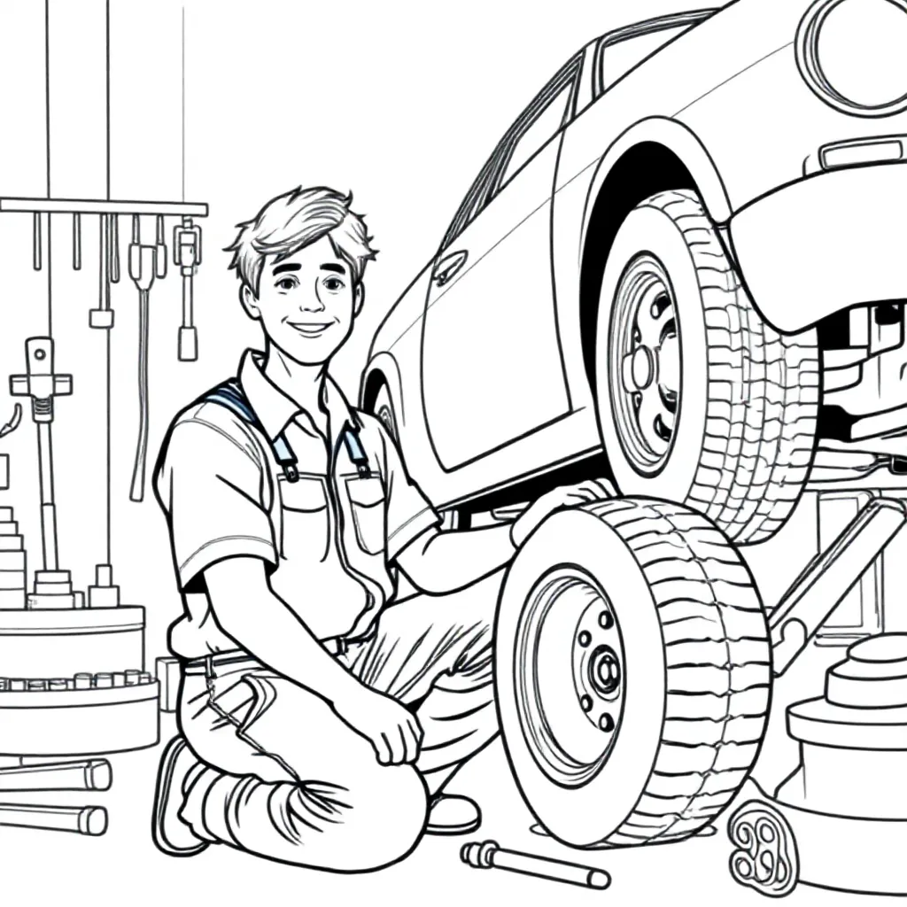 Jongeman Rond De 20 In Een Overal In Een Garage Bezig Aut... coloring page for children