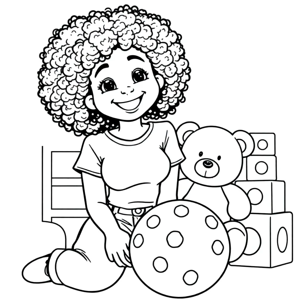 Free coloring page: Young woman with curly hair, working at a daycare.