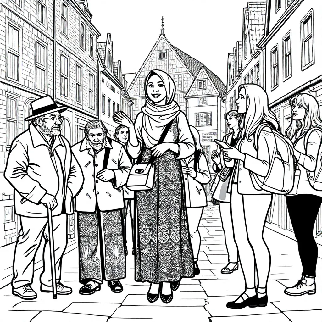 Free coloring page of a woman with a headscarf, no visible hair, holding a round object.