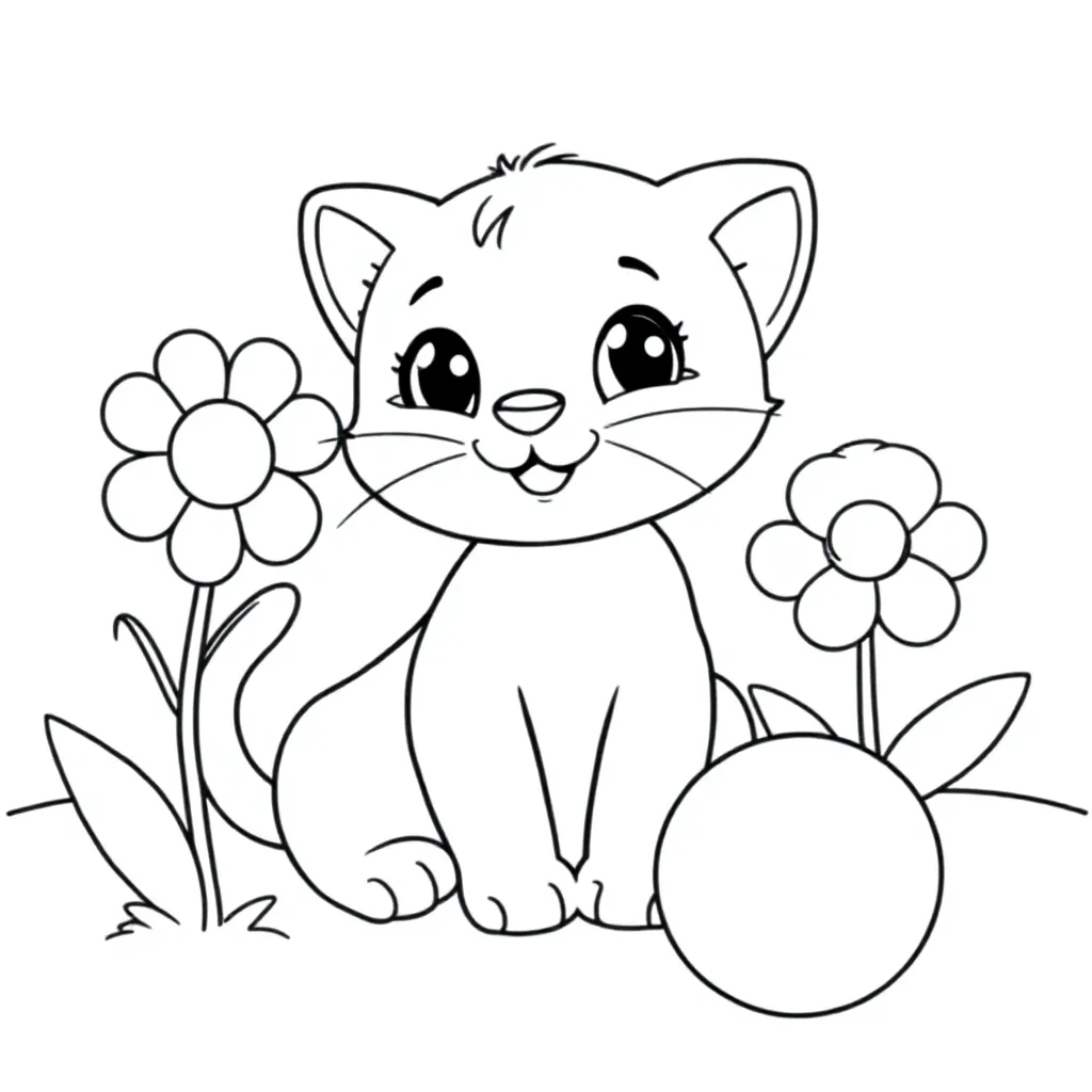 Free Printable Cute Kitten Playing in a Garden Coloring Page for Kids