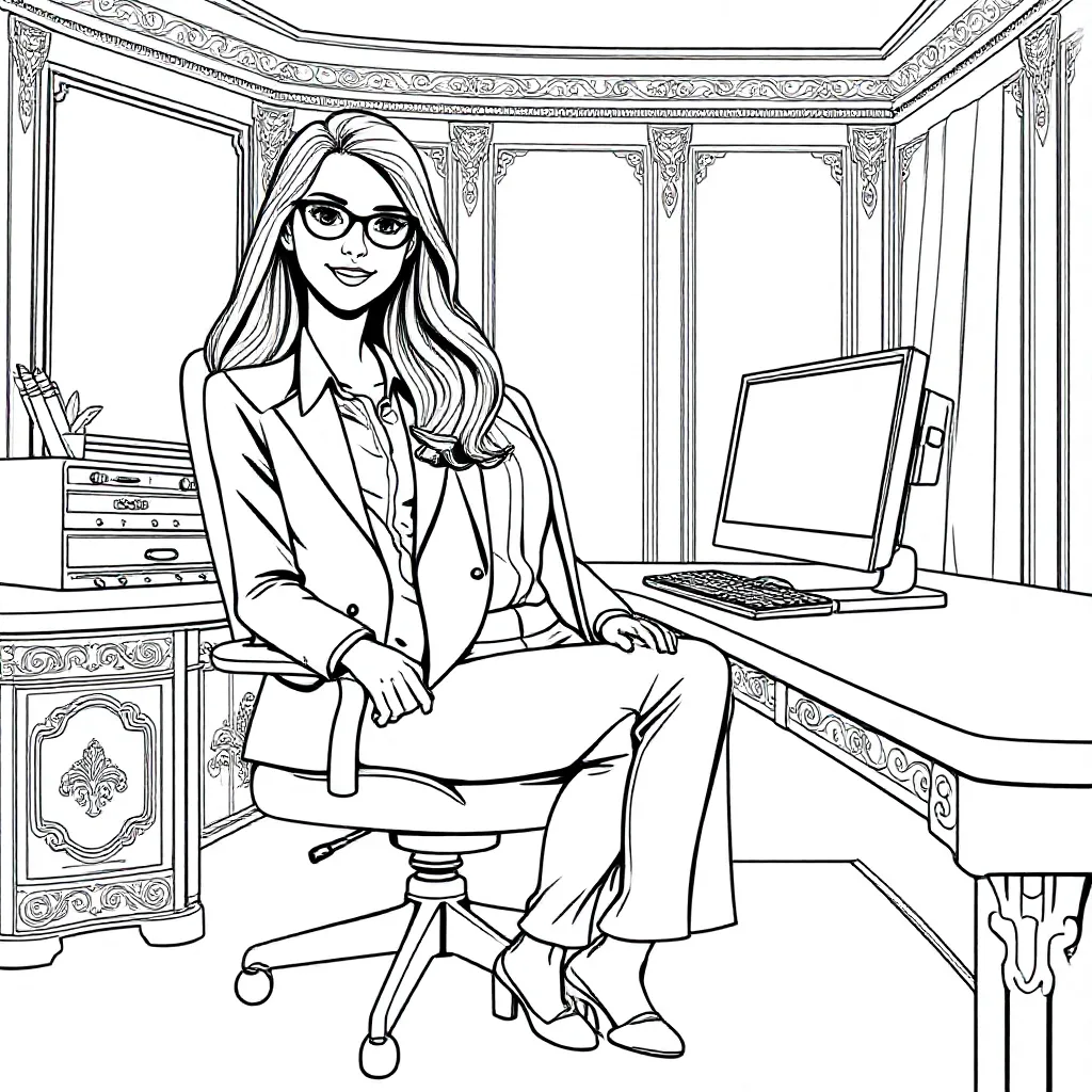 Free printable coloring page: Woman, long pants, nice shoes, jacket, blouse, handbag.