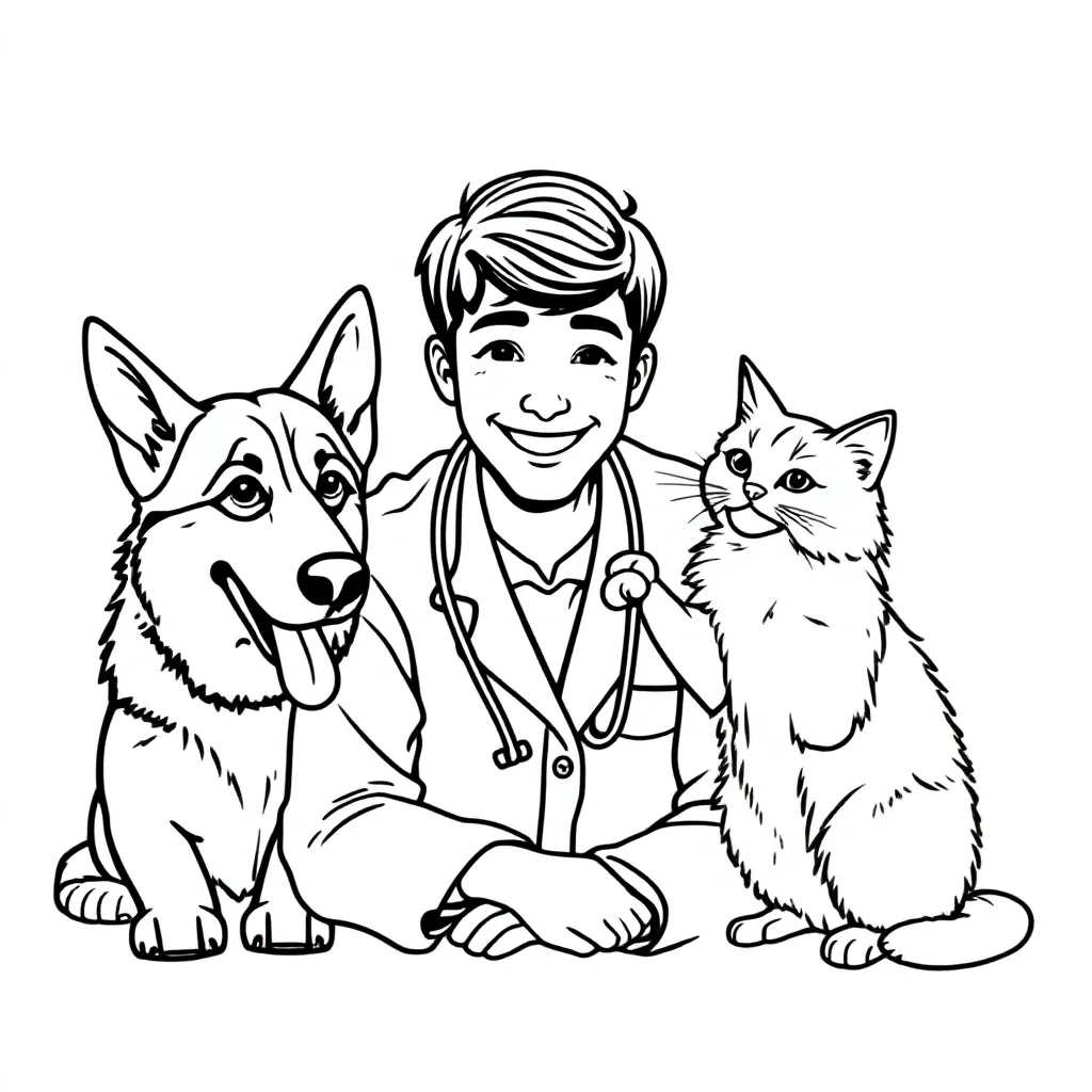 Mannelijke Dierenarts Willem Met Hond En Kat coloring page for children