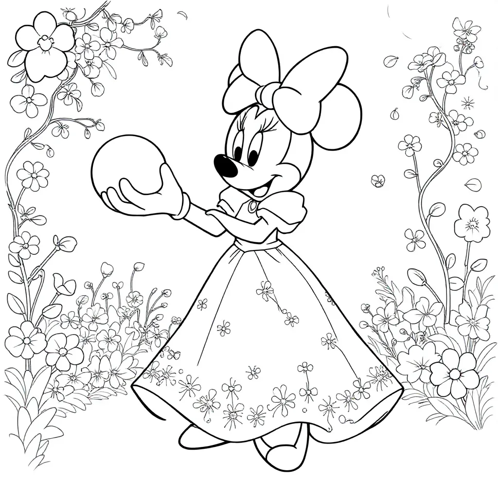 Free Minnie Mouse Coloring Page Playing with a Ball in a Princess Dress Coloring Page