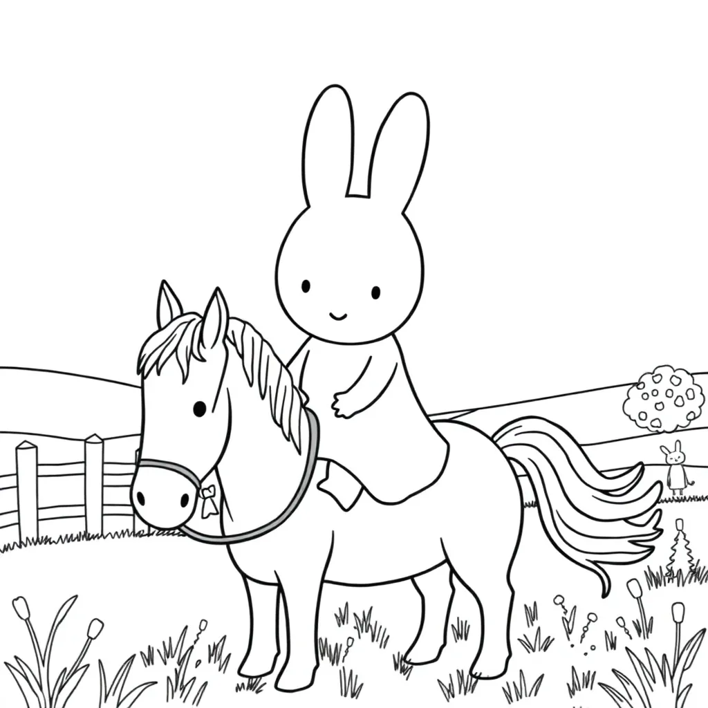 Nijntje, a horse, black and white coloring page for kids