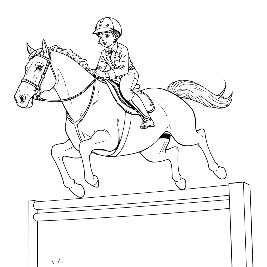 Boy, horse, with, riding boots, jumping coloring page for kids