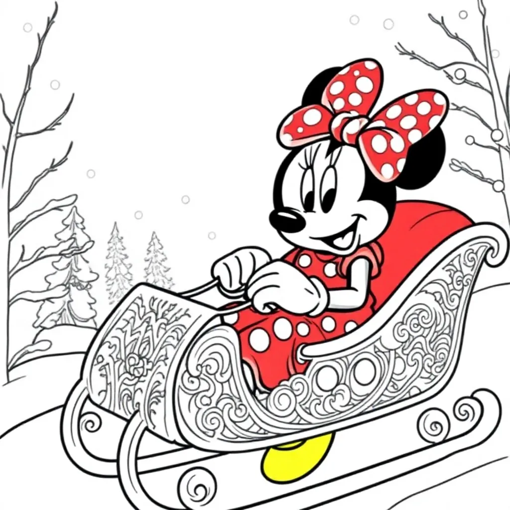 Plantilla de colorear gratis Minnie Mouse en un trineo. Plantilla para niños.