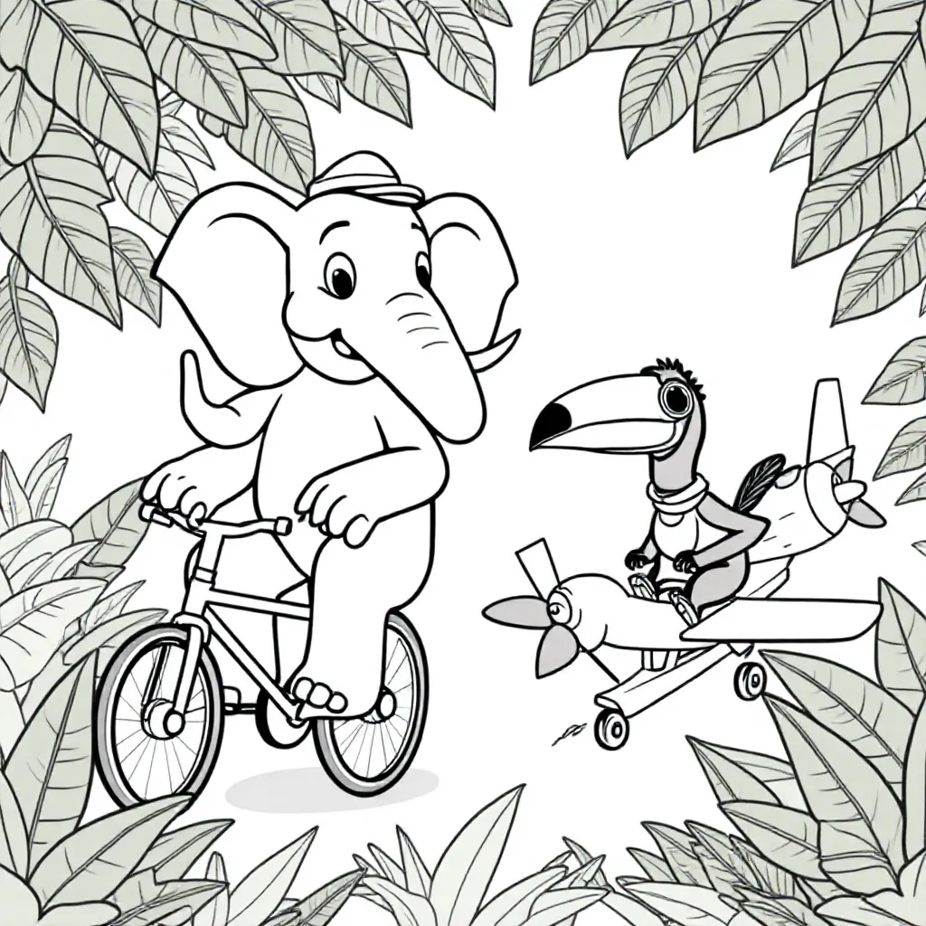 Free Jungle Animal Coloring Pages with Funny Items.  For example, bicycles.