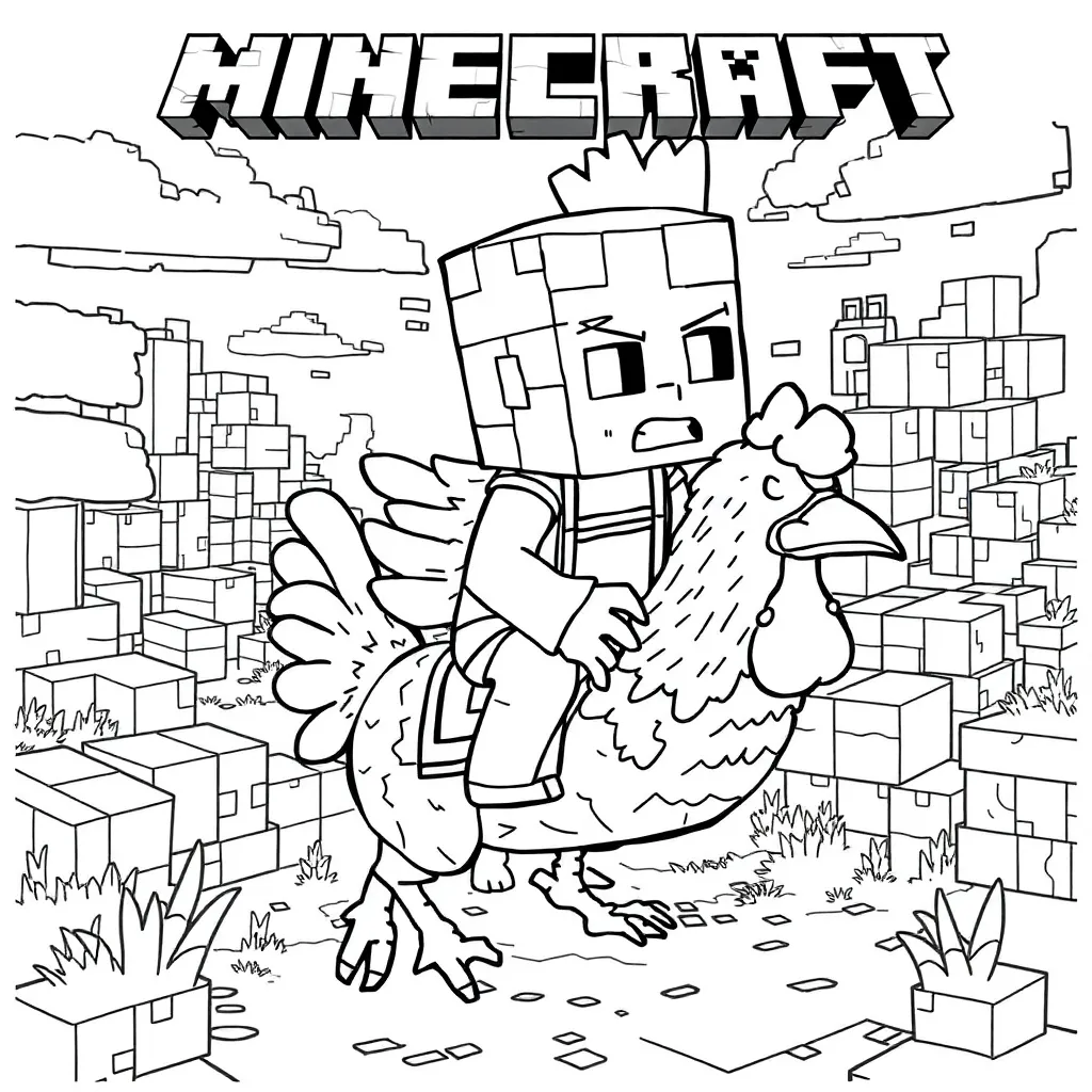 Minecraft, chicken, jockey, black and white coloring page for kids