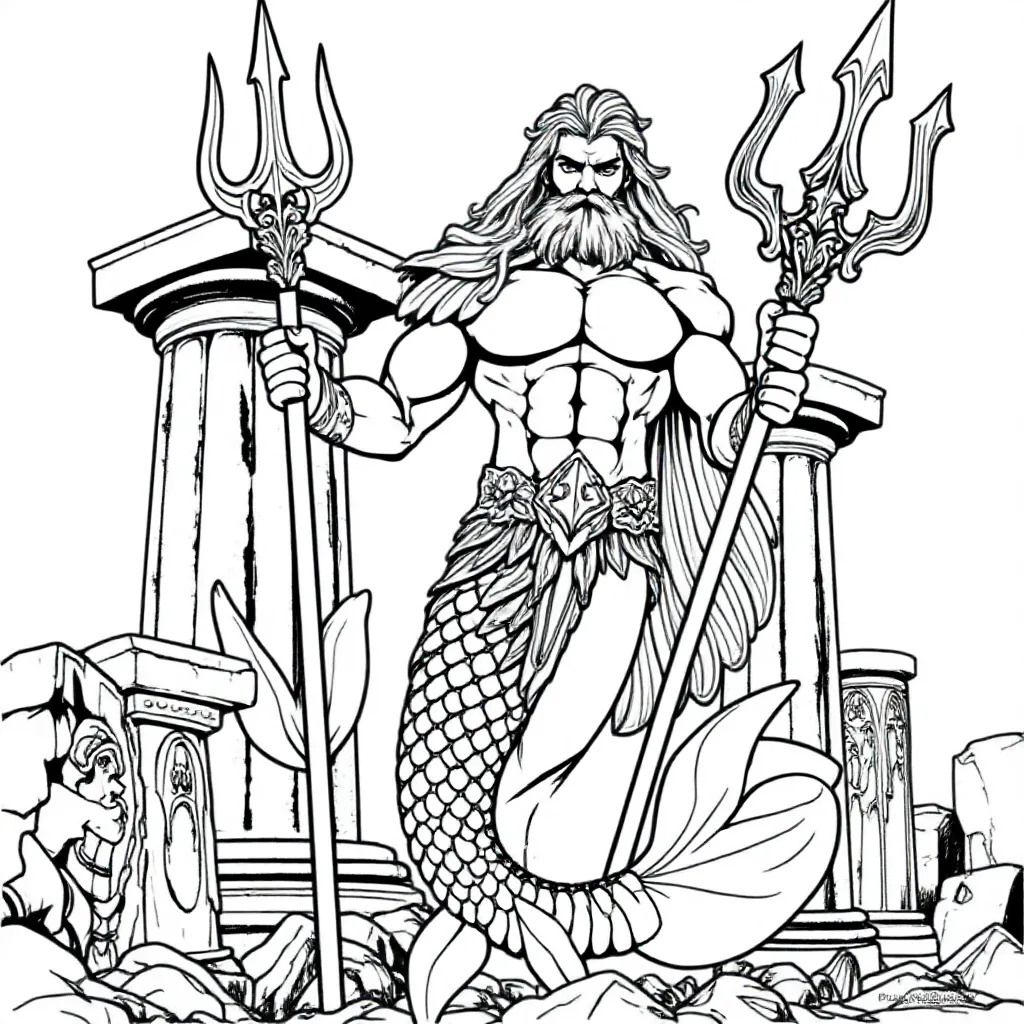 Free Sea Captain Coloring Page, Poseidon, Trident, Columns Coloring Page