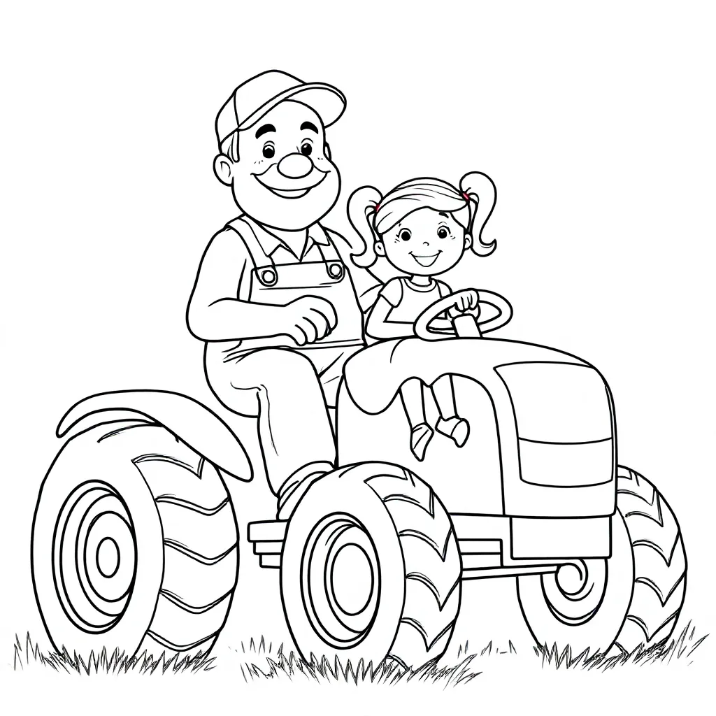Free Grandpa and Granddaughter Tractor Coloring Page for Kids