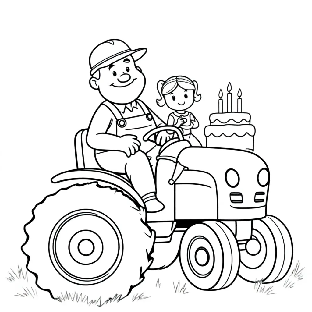 Free Coloring Page: Grandpa and Granddaughter on a Tractor in the Garden, Birthday