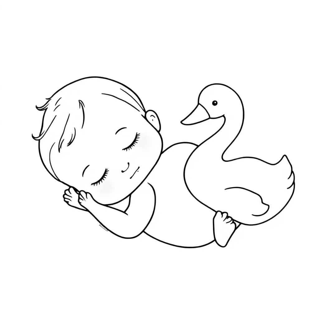 Free Printable Newborn Baby Girl Coloring Page with Swan Plush Toy Coloring Page