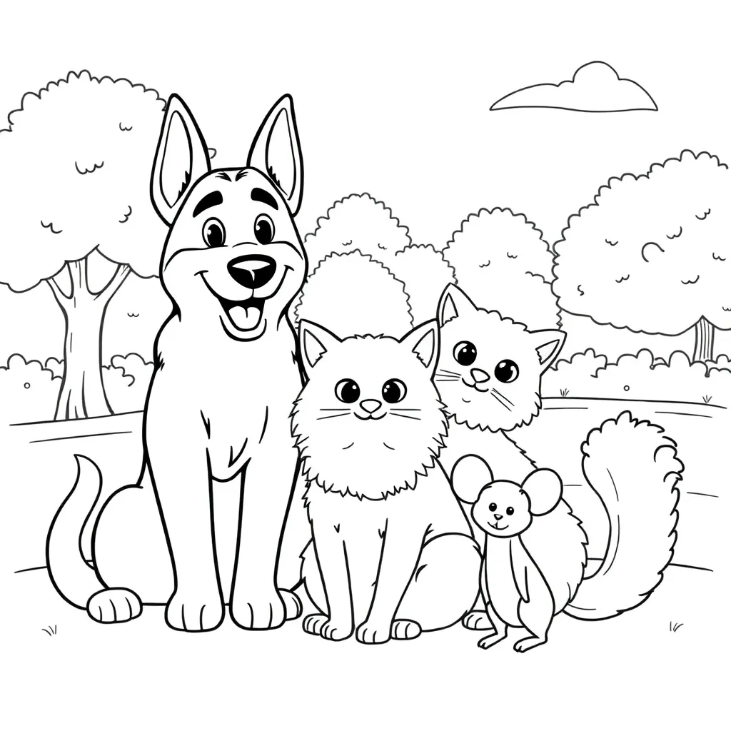 Dog, cat, mouse, park, black coloring page for kids