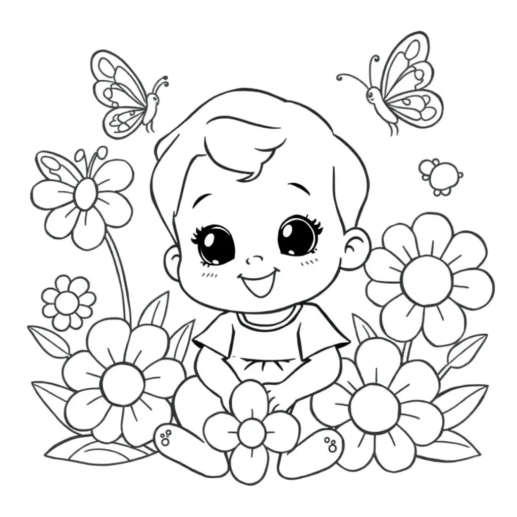 Baby girl surrounded by flowers coloring page for kids