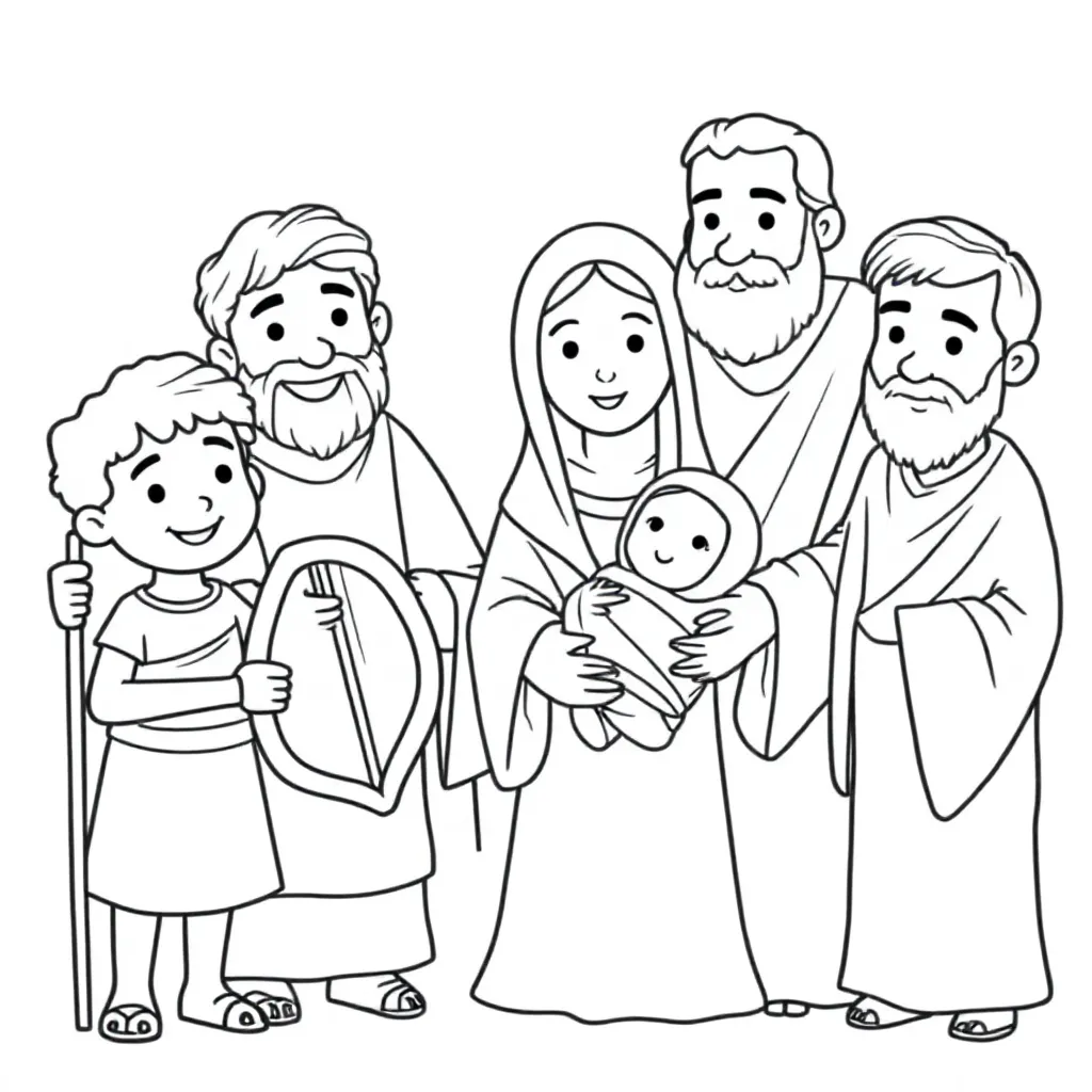 Free coloring pages of David, Moses, Mary, Peter, Noah, Ruth, Esther, and Jonah.