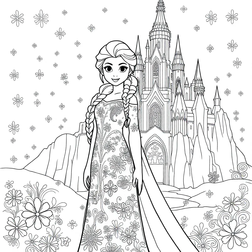 Plantilla de colorear gratis de Elsa en el castillo. Plantilla de colorear para niños.