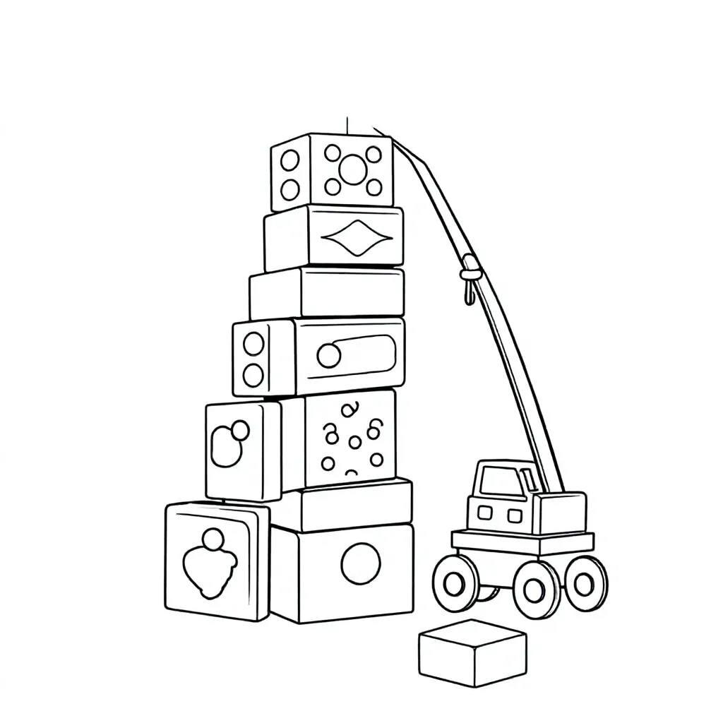Free printable block tower with crane coloring page for kids.