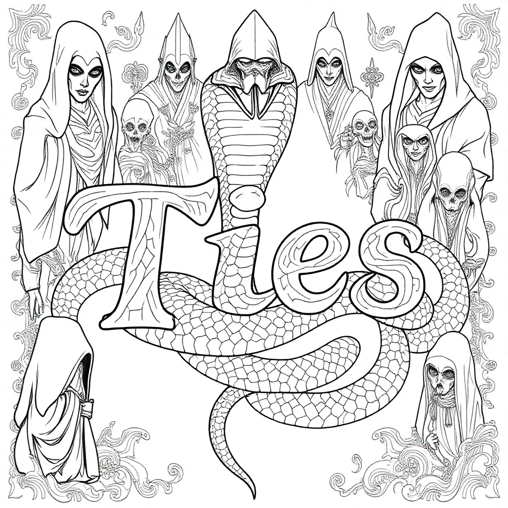 Feuille de coloriage gratuite d'un cobra qui forme le nom Ties avec son corps. et pour