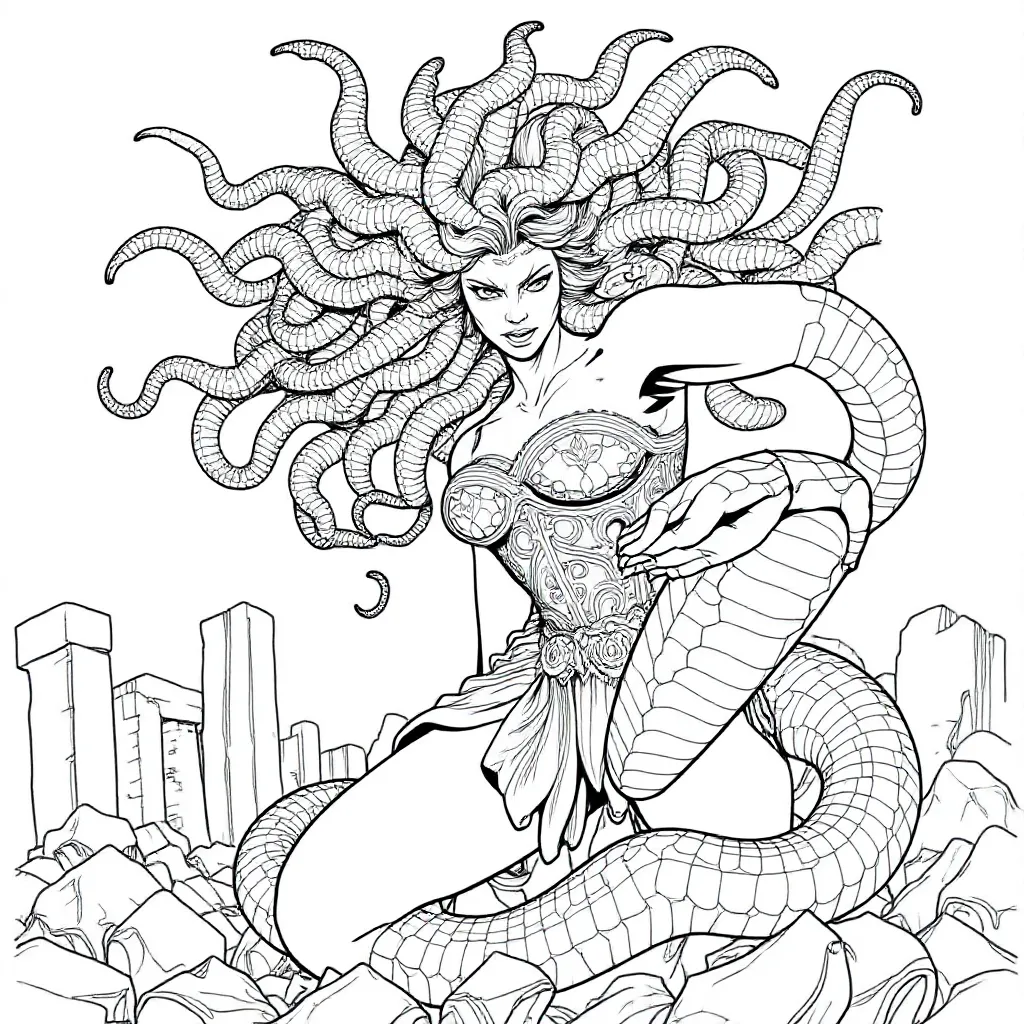Coloring Page: Medusa Fighting a Naga