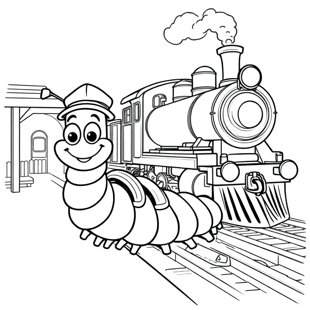 Free printable coloring page of a cute centipede taking a train.