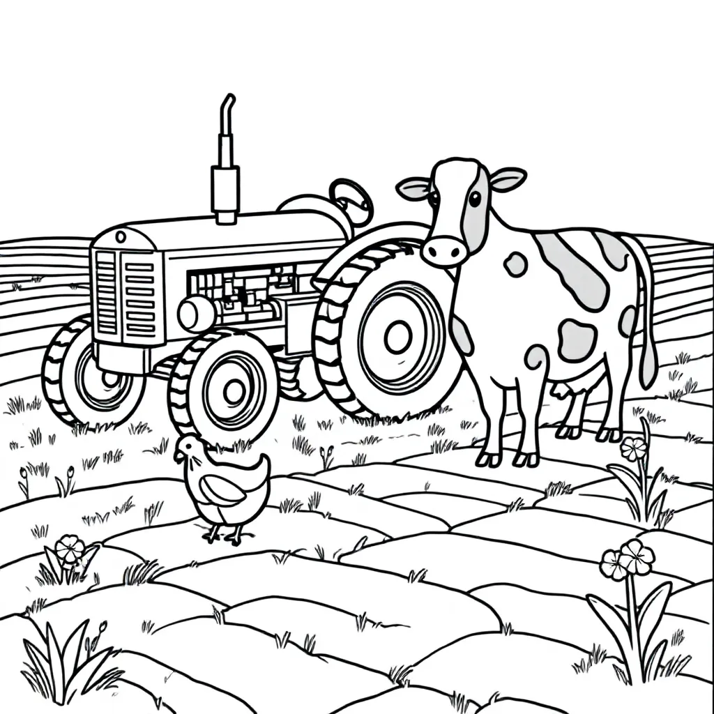 Free Tractor, Cow, Field, Flower, Chicken Coloring Page for Kids