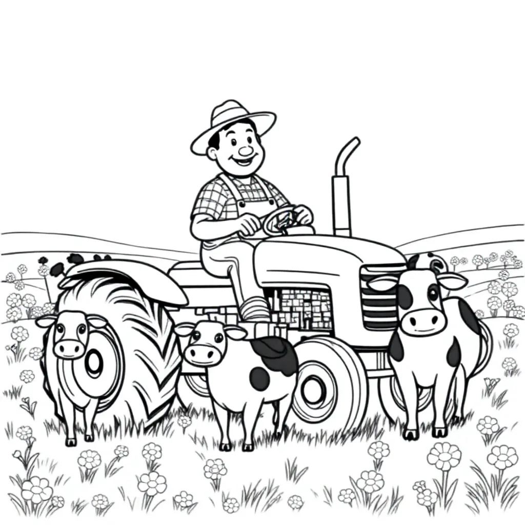 Tractor Met Boer Rijdt Door Een Weiland Met Bloemen En Ko... coloring page for children