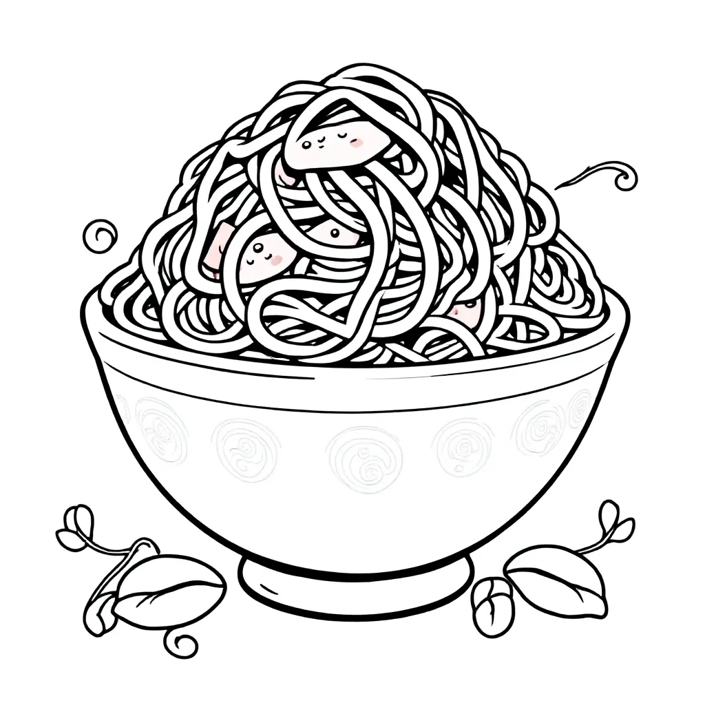 Free Printable Spaghetti in a Bowl with Lots of Sauce Coloring Page for Kids