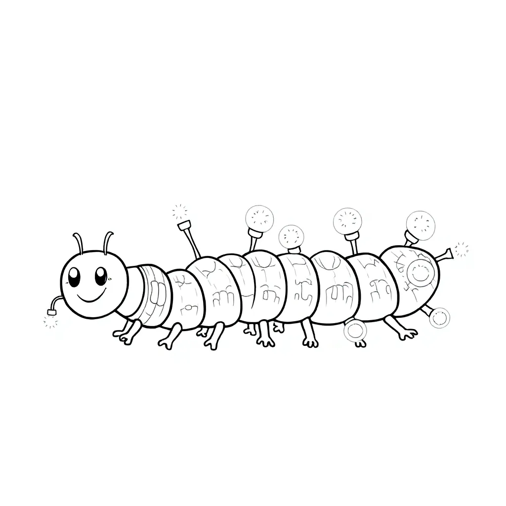 Free printable coloring page of a cute, funny centipede with lights and glitter.
