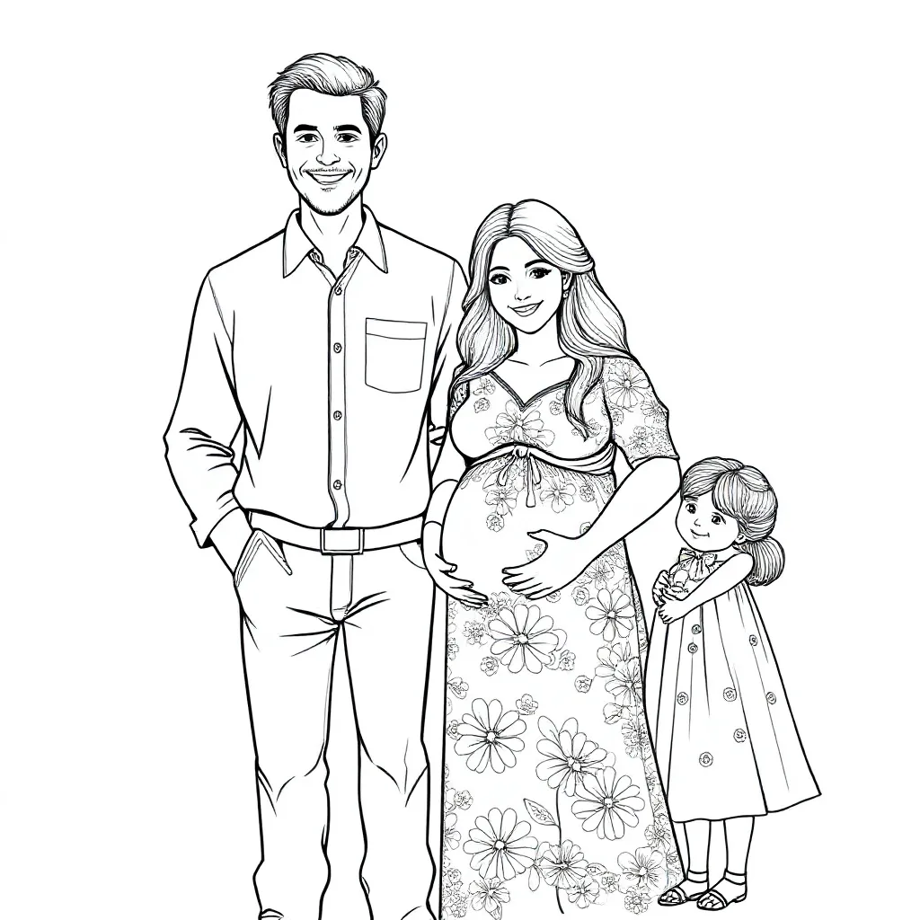 Free coloring page: Dad, Mom, baby in tummy, and 2 daughters, age 5