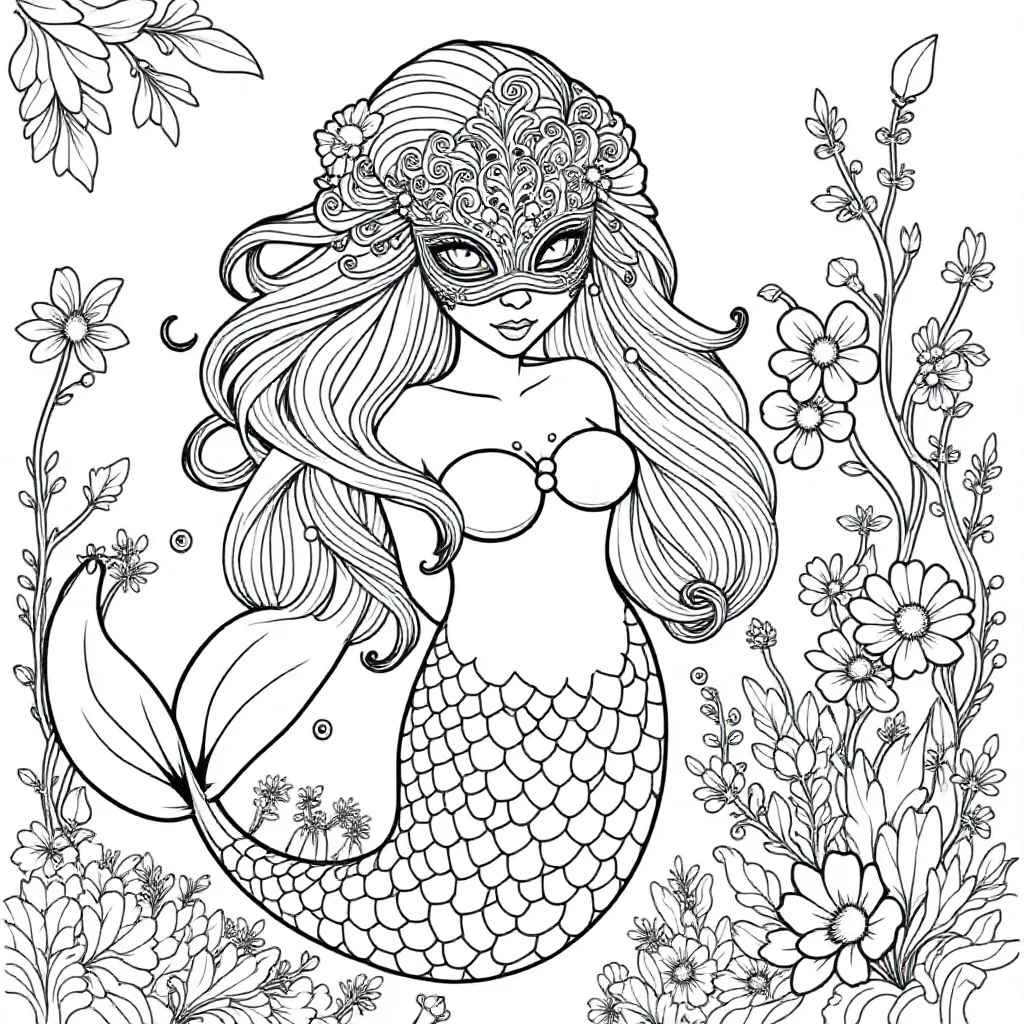 Free Mermaid Mask Coloring Page for Kids