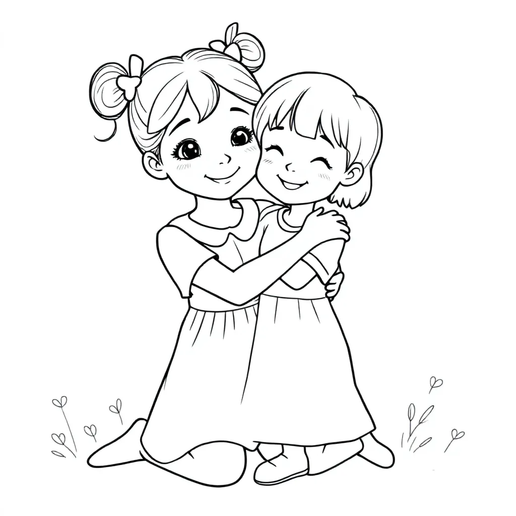 Free Printable Coloring Page: Two Hugging Sisters Coloring Page for Kids