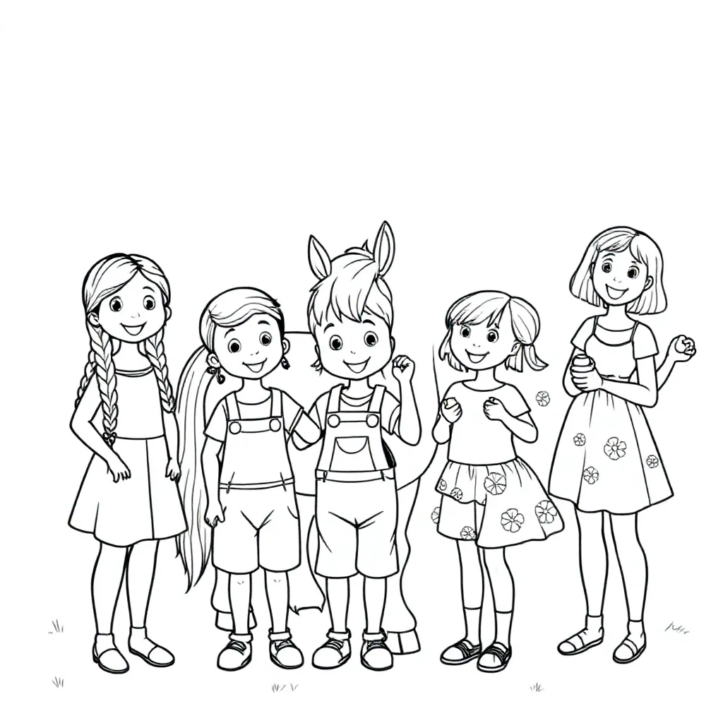 Free coloring page: 5 girls and 2 boys with 1 Shetland pony Coloring page