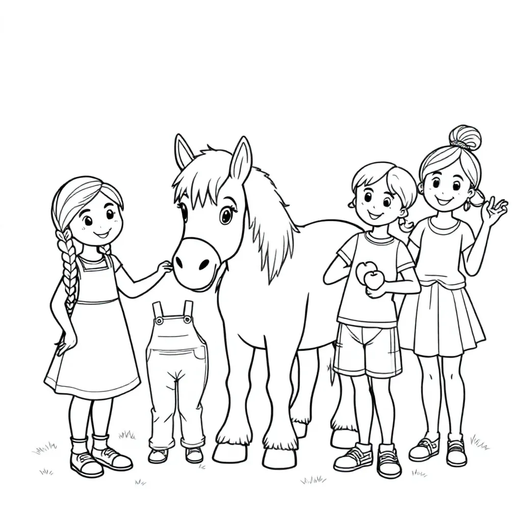 Free coloring page: 5 girls and 2 boys with 1 Shetland pony Coloring page