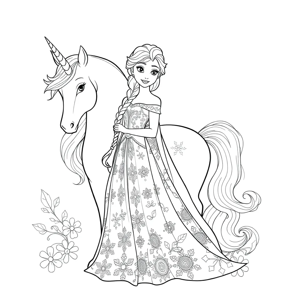 Princess Elsa, unicorn, black coloring page for kids