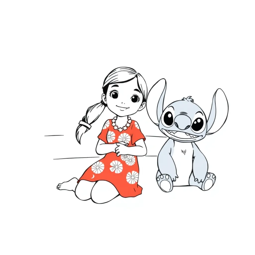 Lilo, Stitch, black and white coloring pages for kids
