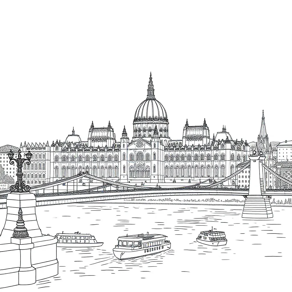 Free Budapest City Coloring Page. A beautiful, idyllic city scene.