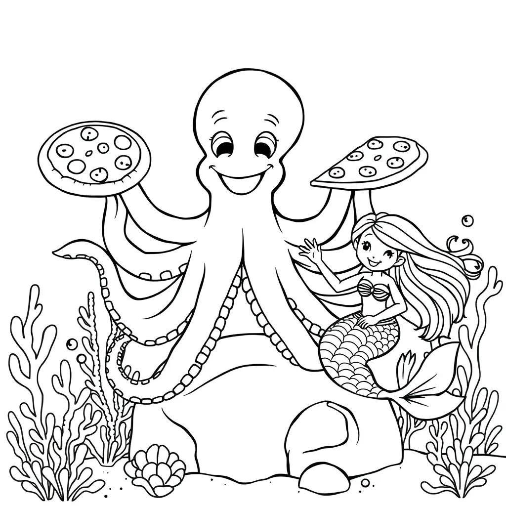 A cheerful octopus pizza coloring page for kids