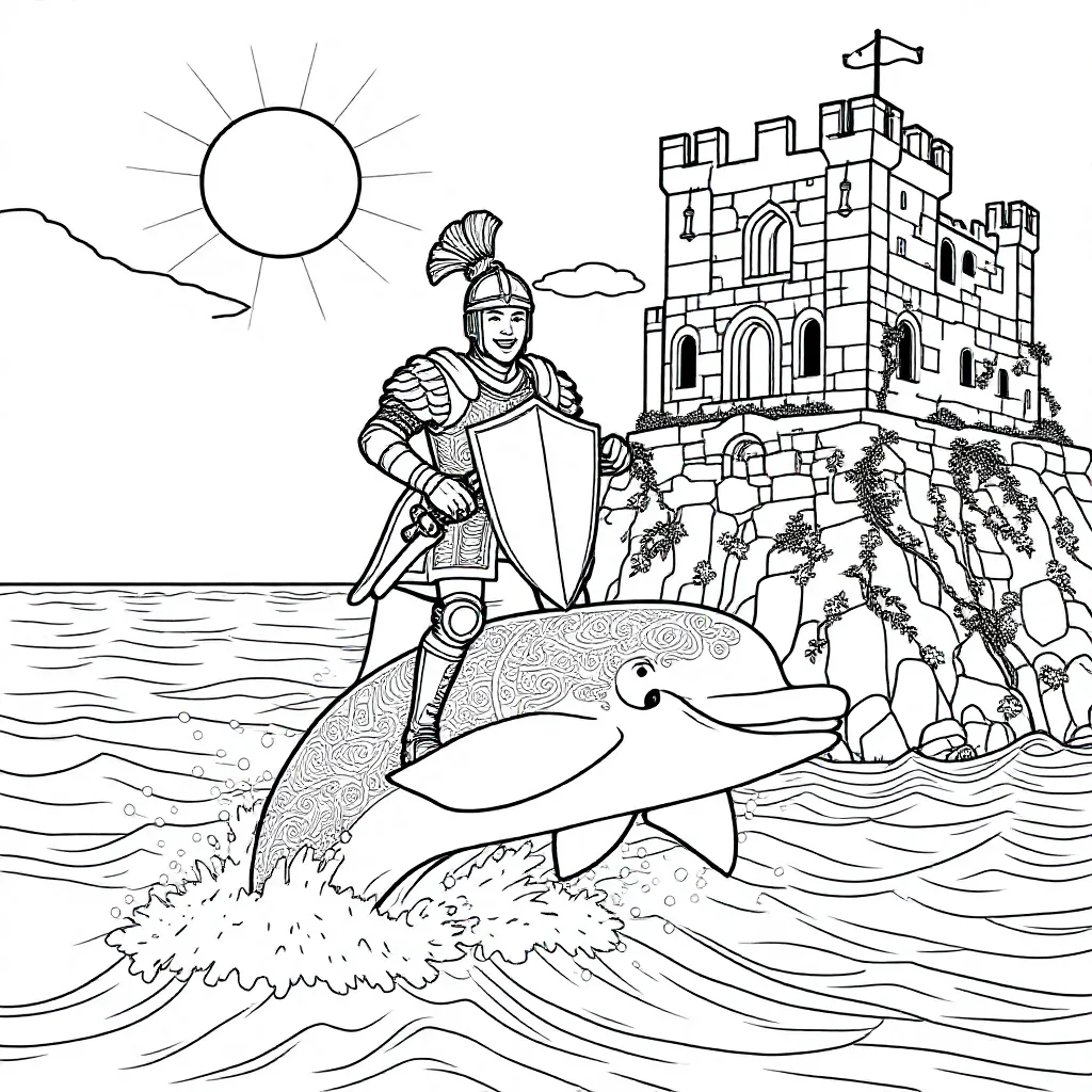 Free coloring page: Cheerful knight surfs a dolphin by a sunny castle.