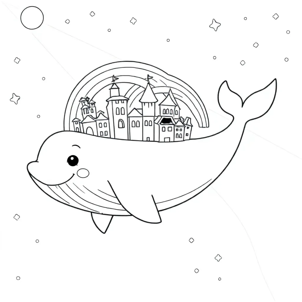 Free Floating Whale Coloring Page Swims Through Stardust, Carries Rainbow